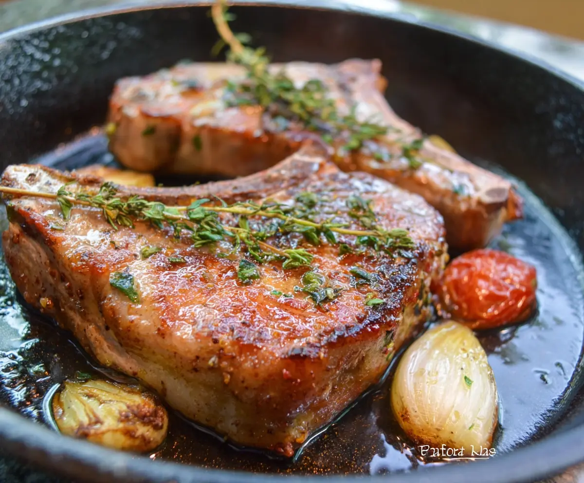 Juicy pan-roasted pork chops served with herbs on a rustic wooden table.