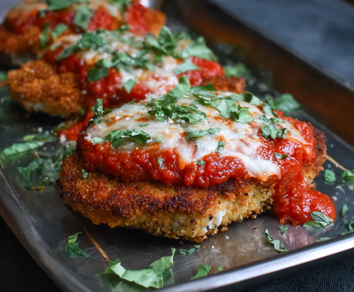 Crispy Panko-breaded pork parmigiana topped with melted cheese and marinara sauce on a dinner plate.