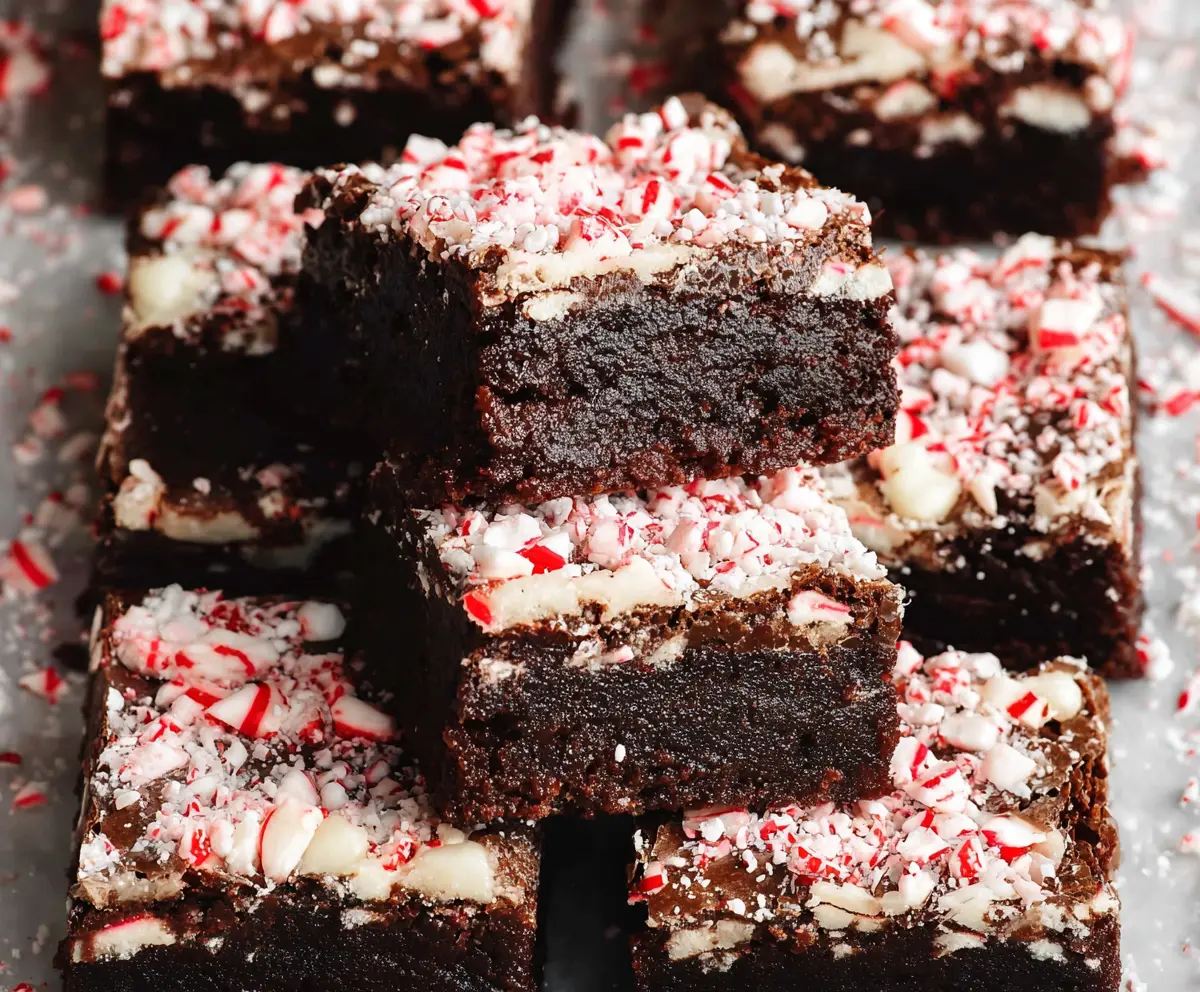 Delicious peppermint brownies with a rich, fudgy texture topped with crushed peppermint candies.