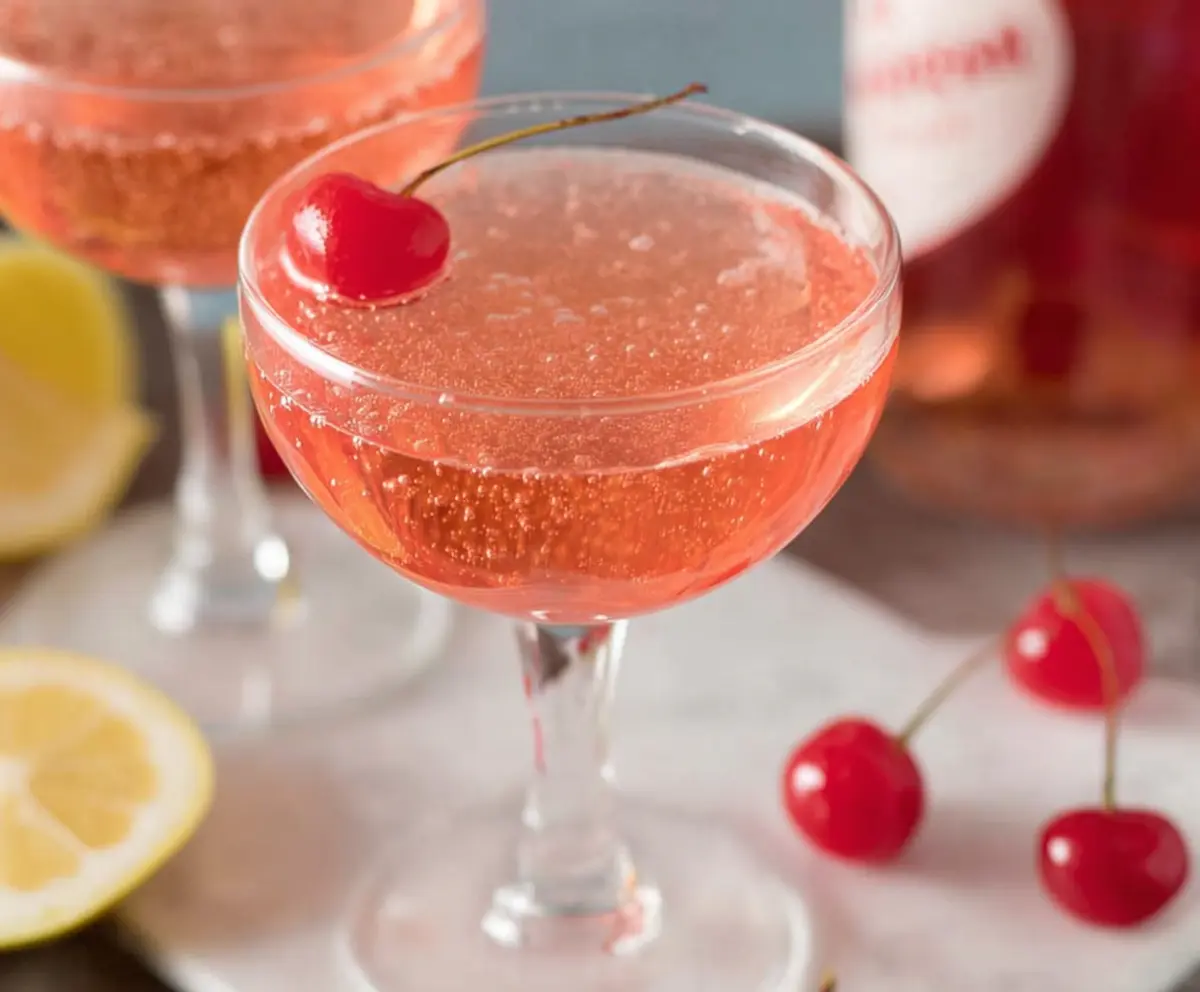 Elegant pink champagne cocktail with a cherry garnish in a flute glass for celebration.