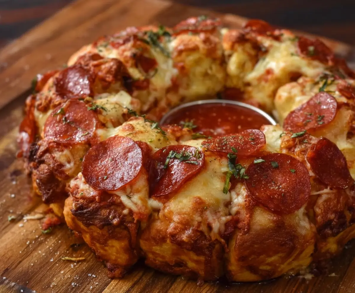Delicious Pizza Monkey Bread with melted cheese, pepperoni, and fresh herbs baking in the oven.