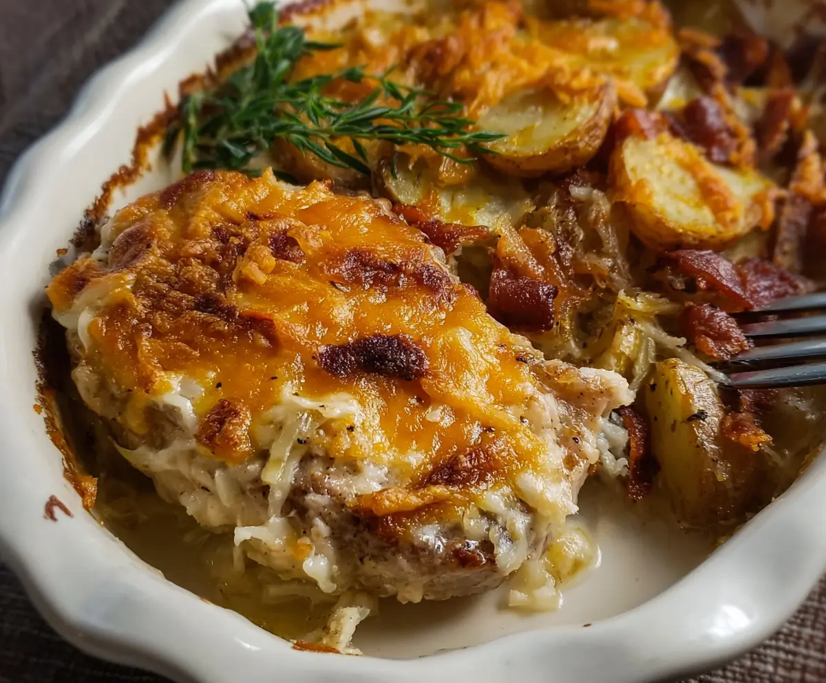 Delicious pork chop potato casserole topped with melted cheese and herbs, served hot on a plate.