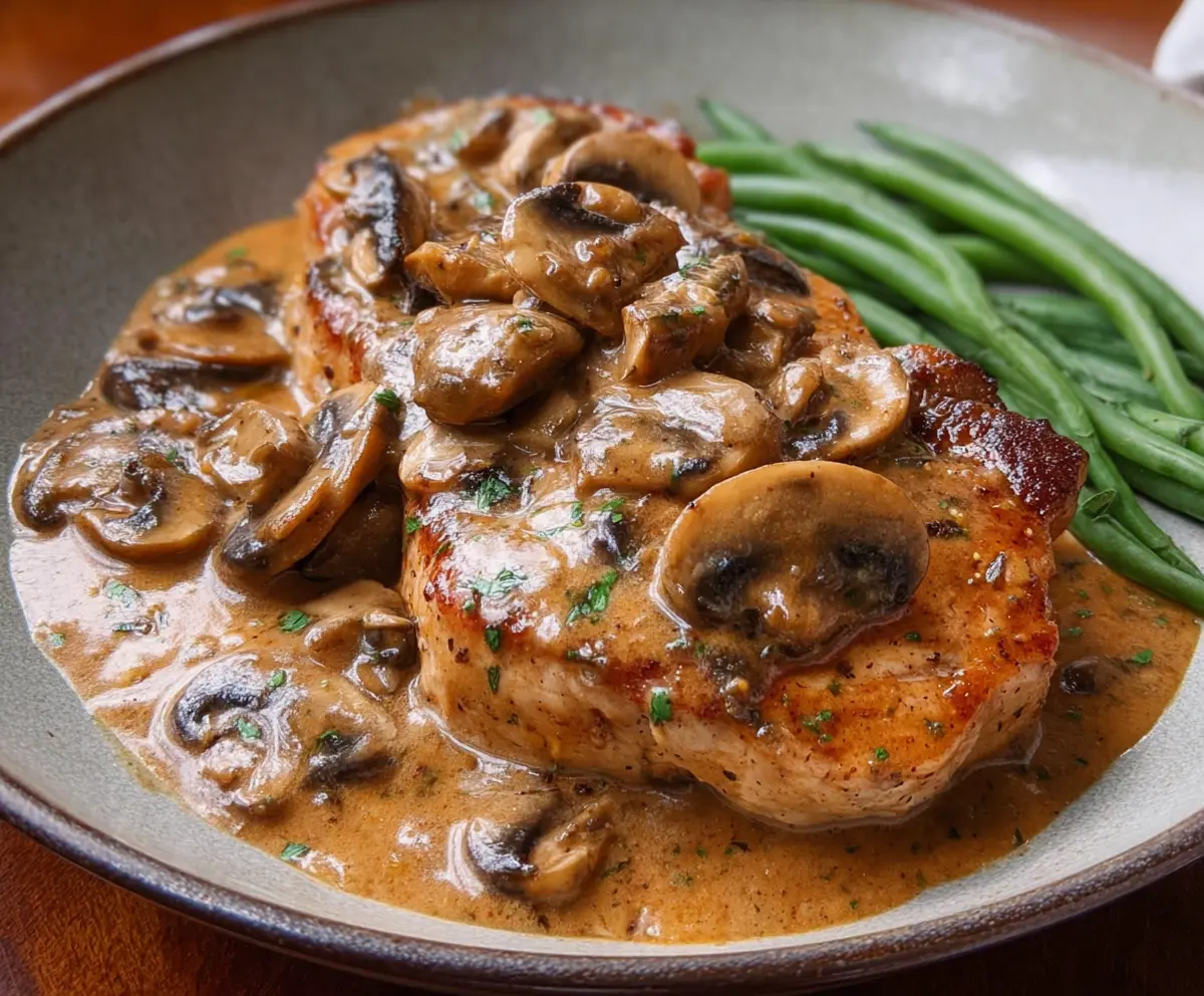Delicious pork chops in creamy garlic mushroom sauce on a serving plate.