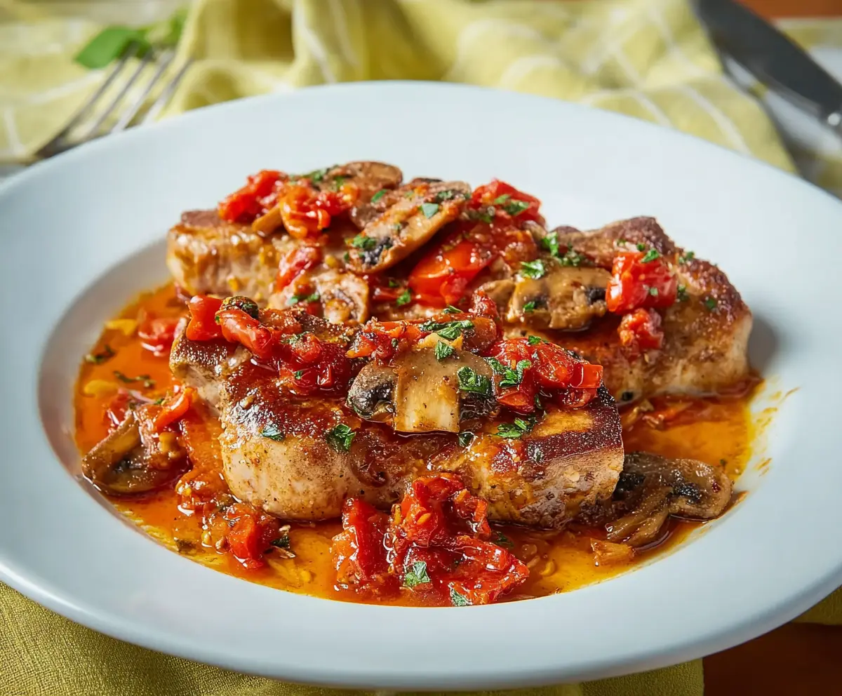 Delicious Pork Chops Italiano served with fresh herbs and garlic sauce.