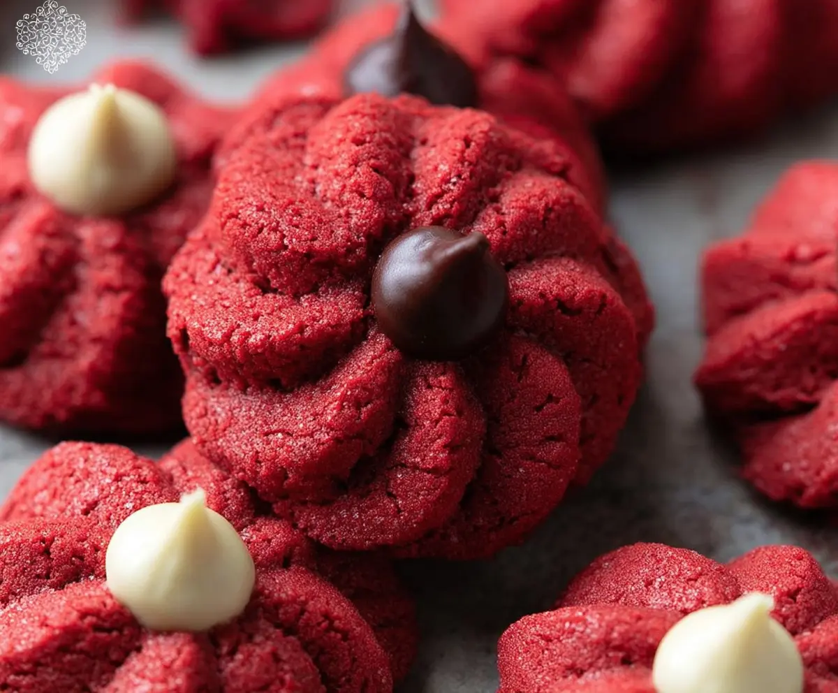 Delicious Red Velvet Blossom Cookies with creamy centers, perfect for dessert lovers.