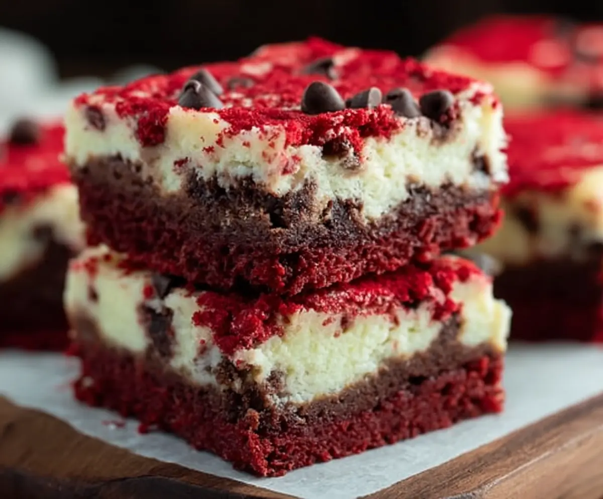 Delicious Red Velvet Cheesecake Bars with Chocolate Chips on a Dessert Plate.