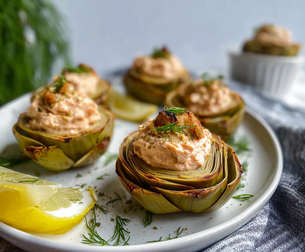Delicious salmon pâté Stuffed Artichokes , a healthy appetizer with creamy filling and tender artichoke hearts
