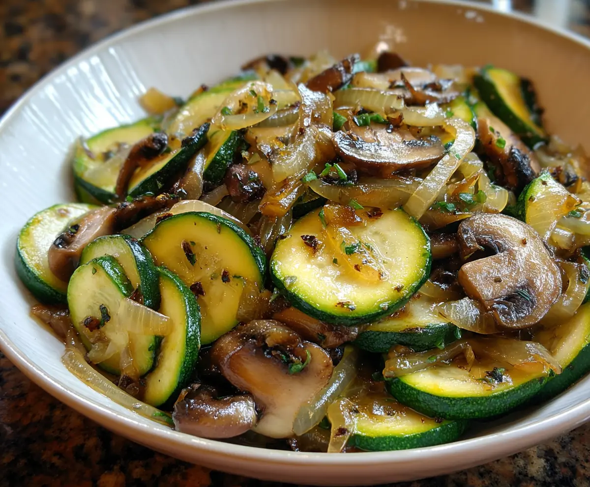 Delicious sautéed zucchini, mushrooms, and onions in a savory skillet, perfect for a healthy side dish.