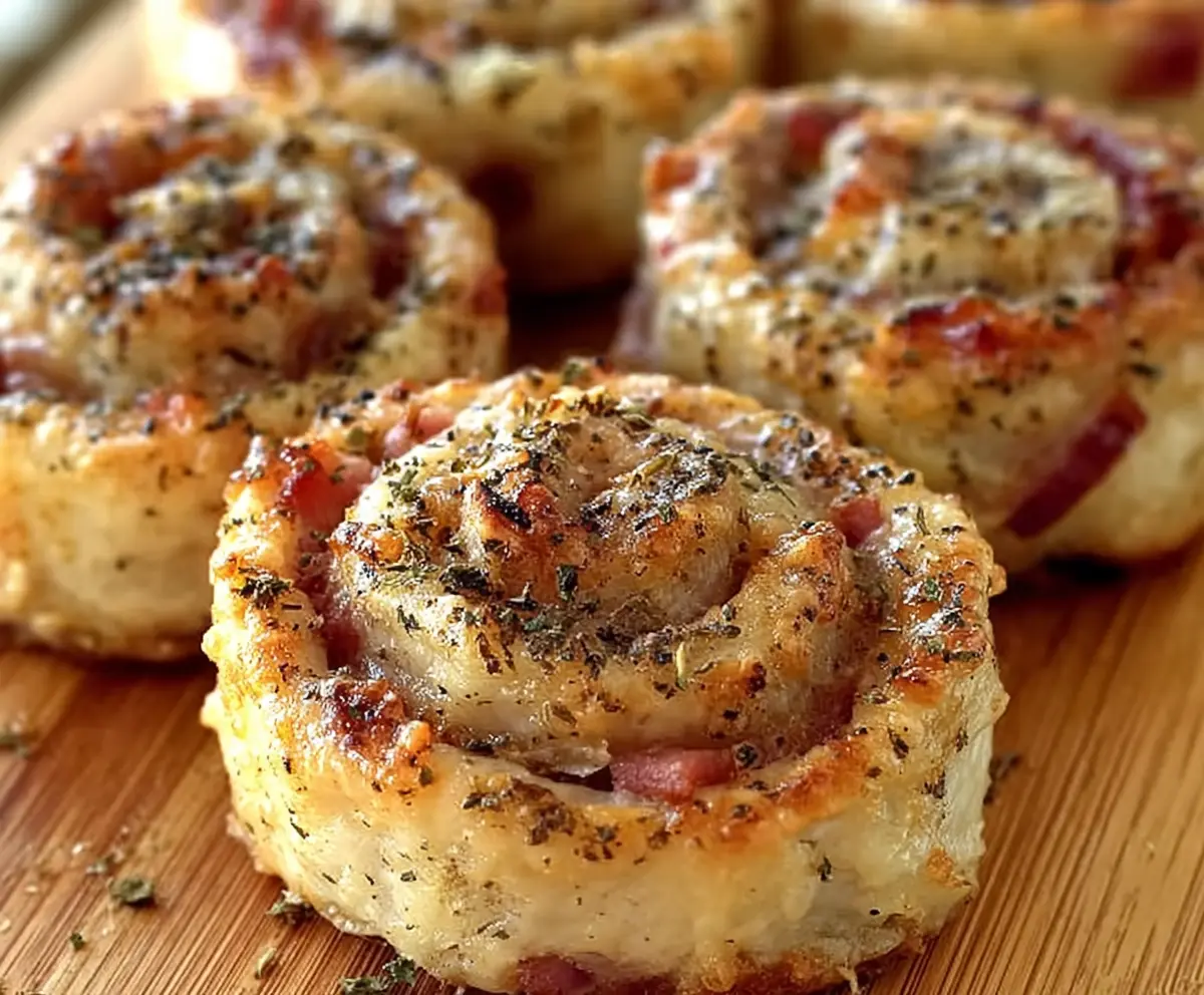 Delicious savory ham and cheese pinwheels fresh out of the oven, perfect for appetizer or snack.