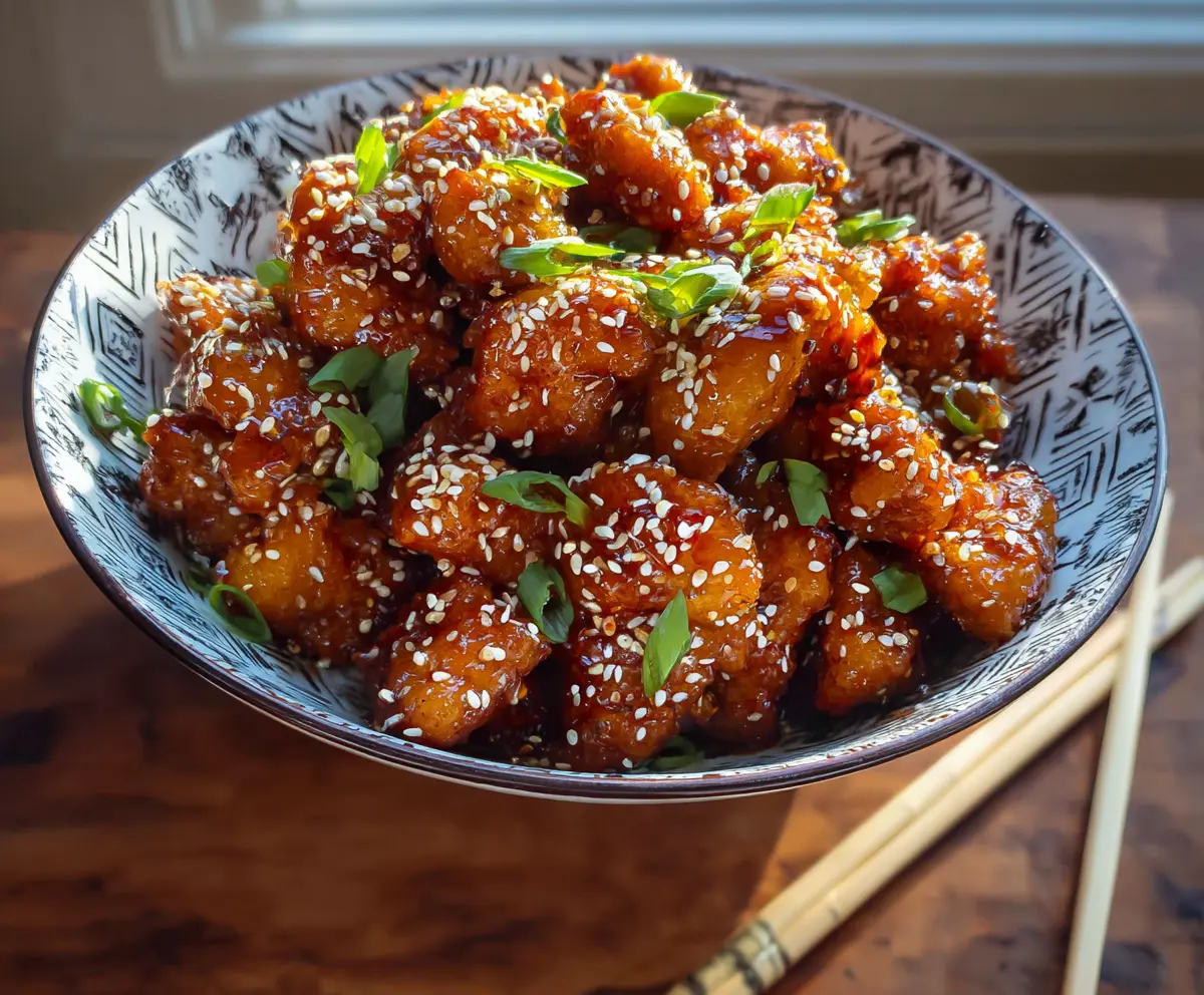 Delicious sesame chicken stir-fry served with sesame seeds and green onions on a white plate.