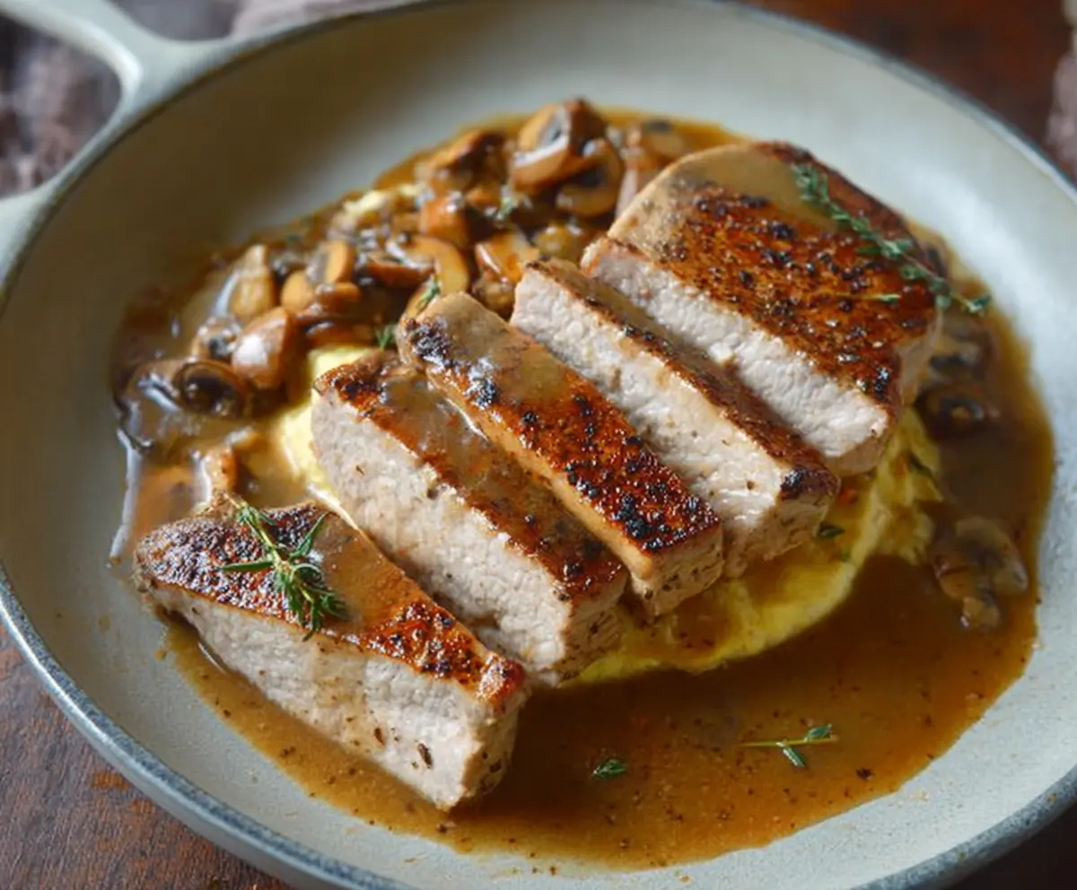 Juicy skillet pork chops served with rich pan gravy on a rustic plate.