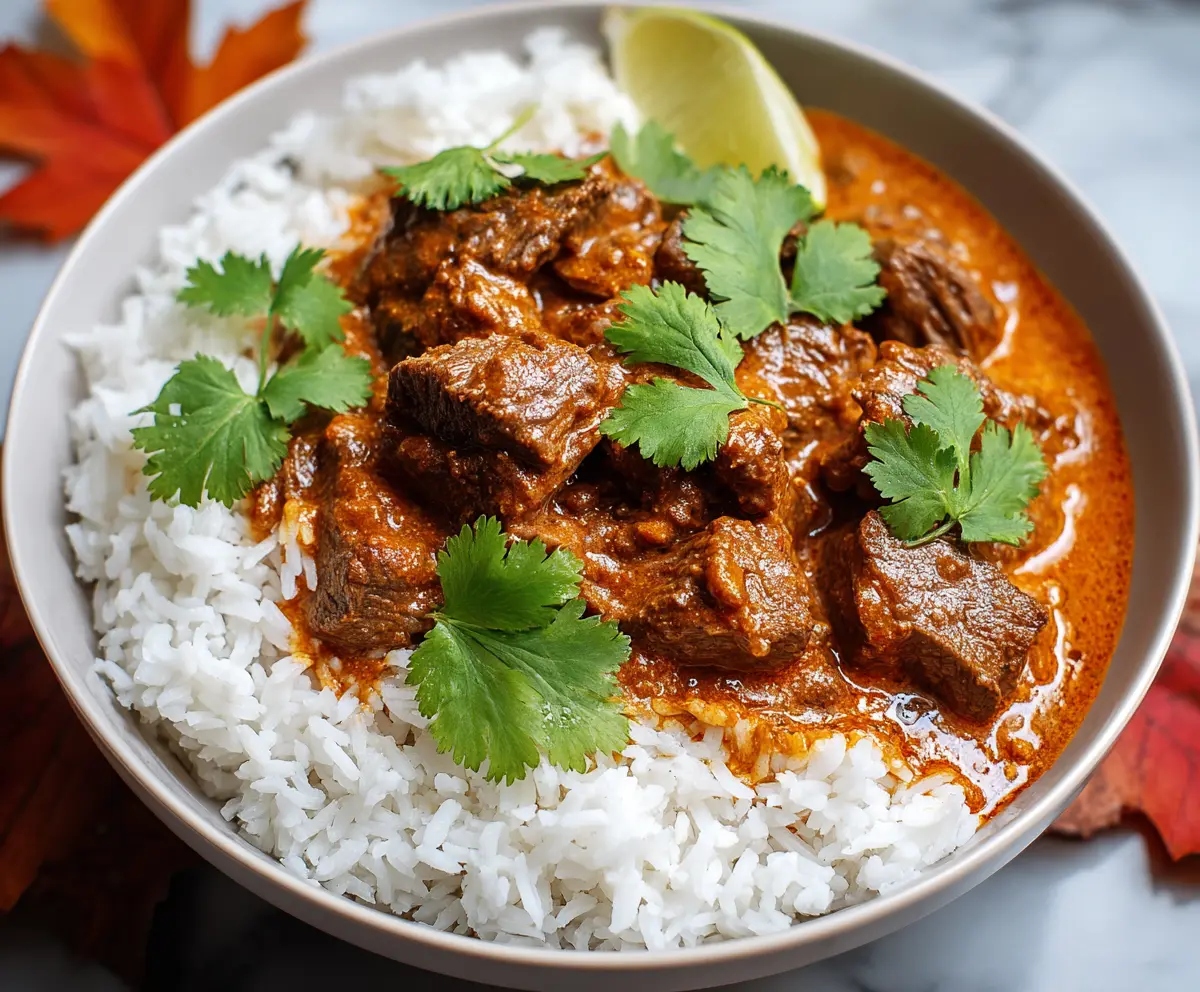 Delicious slow cooker beef coconut curry served with rice in a bowl.