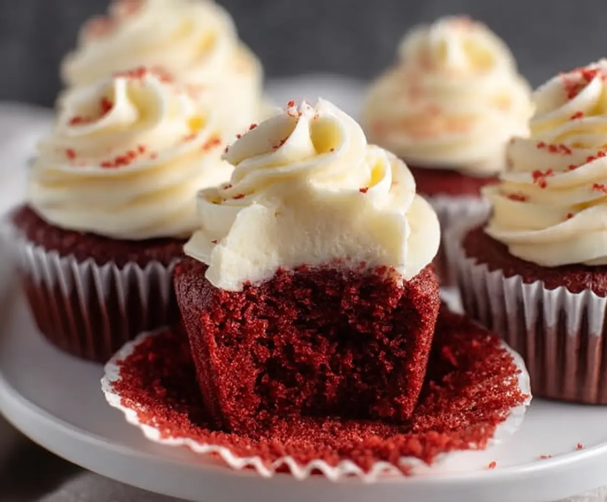 Delicious small batch red velvet cupcakes with cream cheese frosting on a baking tray.