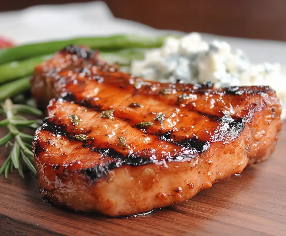 Juicy Southern Sweet Grilled Pork Chops served with smoky barbecue sauce on a grill.