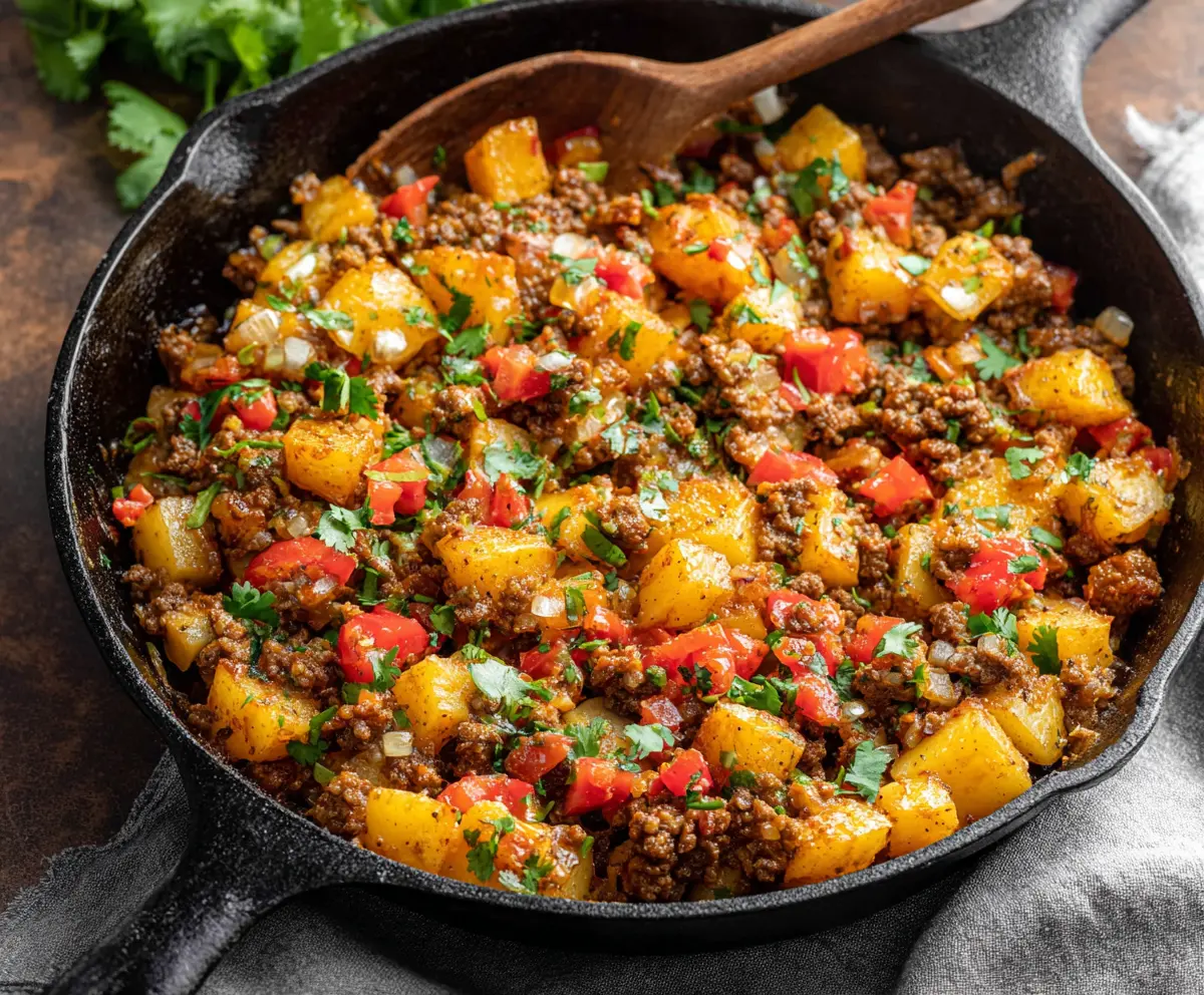 Delicious Southwest ground beef and potato skillet with colorful peppers and herbs on a rustic plate.