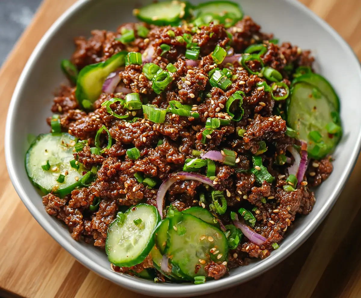 Spicy Keto Korean Ground Beef with Cucumber Salad