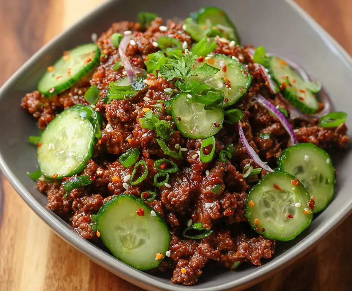 Delicious spicy keto Korean ground beef served with fresh cucumber salad on a plate.