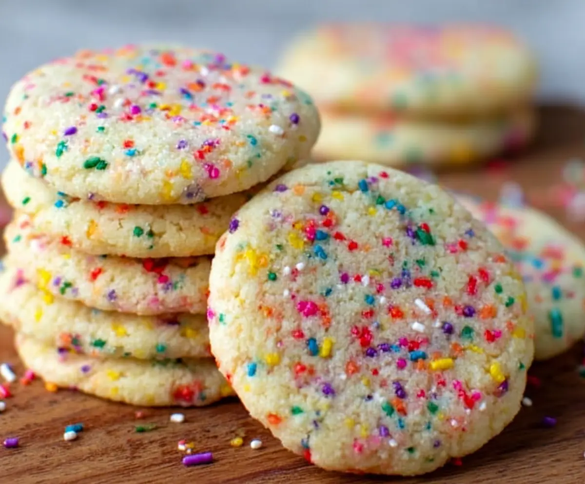 Delicious sprinkle cookies with colorful toppings on a baking tray.