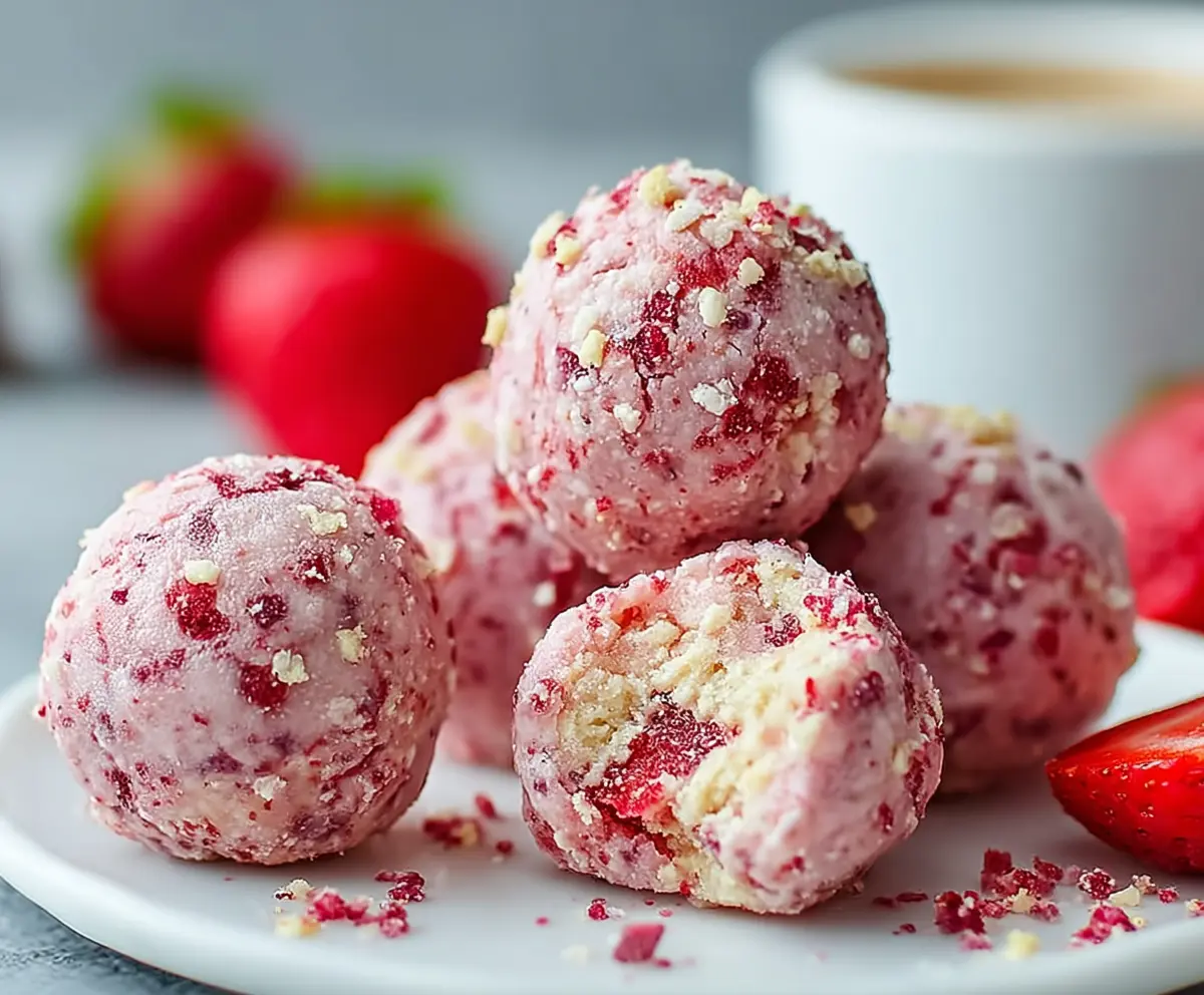 Delicious strawberry cheesecake protein balls garnished with fresh strawberries for a healthy snack.