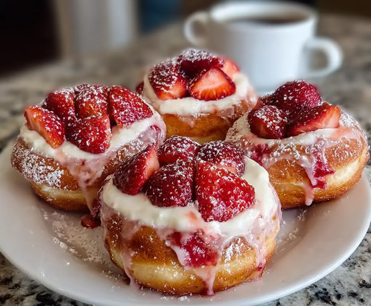 Delicious strawberry cheesecake stuffed donuts with fresh strawberries and creamy filling on a wooden platter.