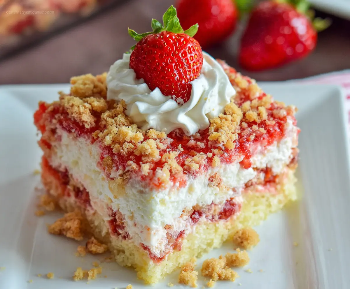 Delicious Strawberry Crunch Poke Cake with fresh strawberries and crunchy topping