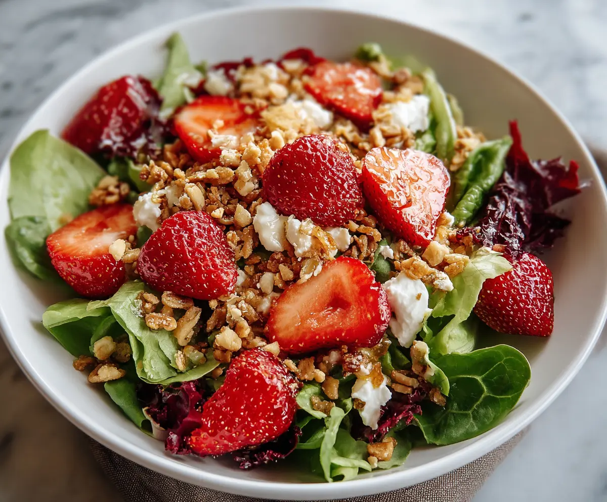 Fresh Strawberry Crunch Salad layered with crispy toppings and vibrant strawberries for a delicious and colorful dessert or side dish.