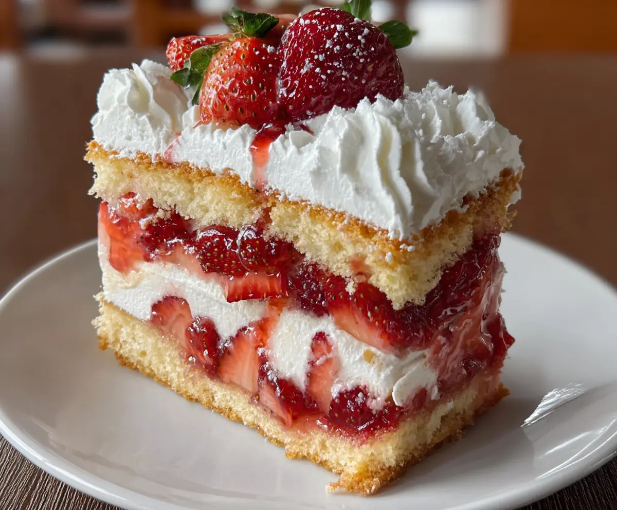 Delicious strawberry shortcake with fresh strawberries, whipped cream, and a moist cake base, perfect for dessert.