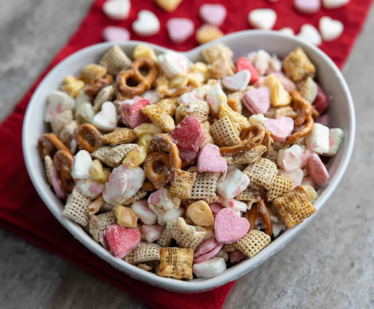 Valentine Chex Mix with heart-shaped candies and colorful cereals for a festive snack.