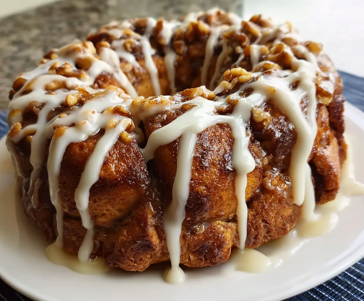 Delicious Apple-Walnut Cinnamon Roll Monkey Bread fresh out of the oven, showcasing a golden-brown, gooey dessert with apple slices and walnuts.