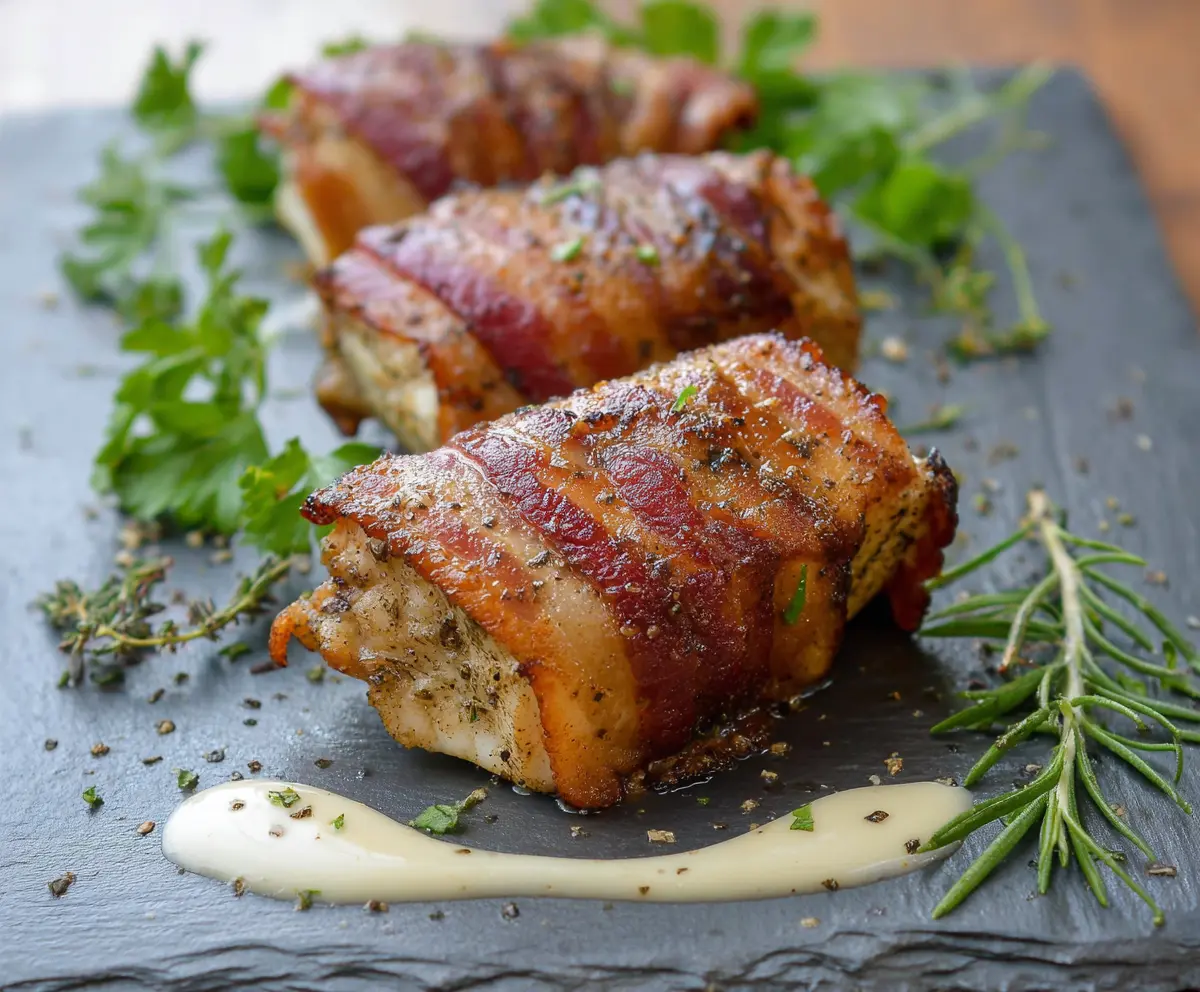 Delicious bacon-wrapped mahi-mahi fillet garnished with fresh herbs on a white plate.