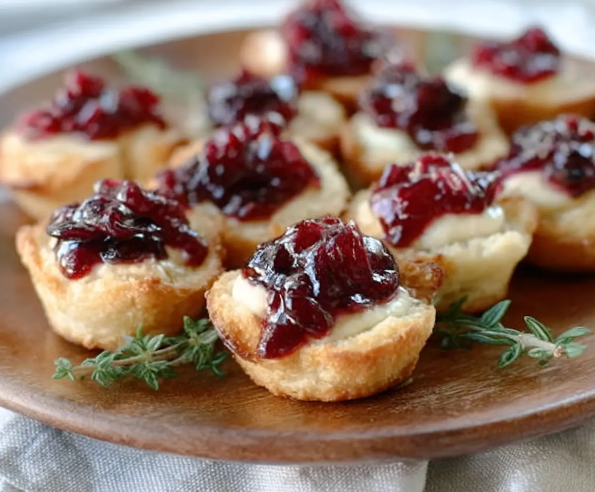 Delicious Balsamic Cranberry Brie Bites served on a white platter, showcasing a golden pastry topped with cranberry sauce and melted Brie cheese.
