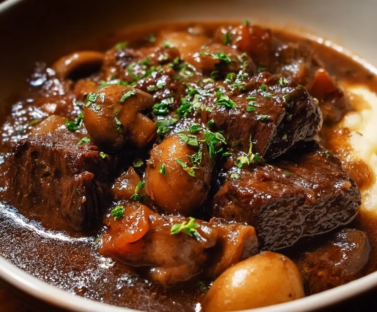 Hearty Beef Bourguignon stew with tender meat and flavorful red wine sauce served in a rustic bowl.