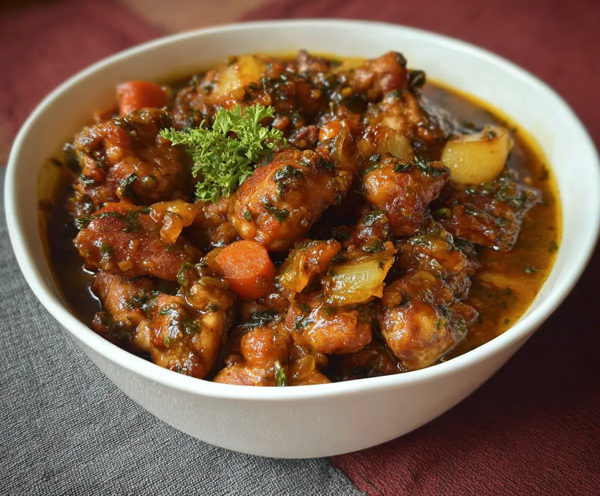 Delicious boneless brown stew chicken served with vegetables and rice