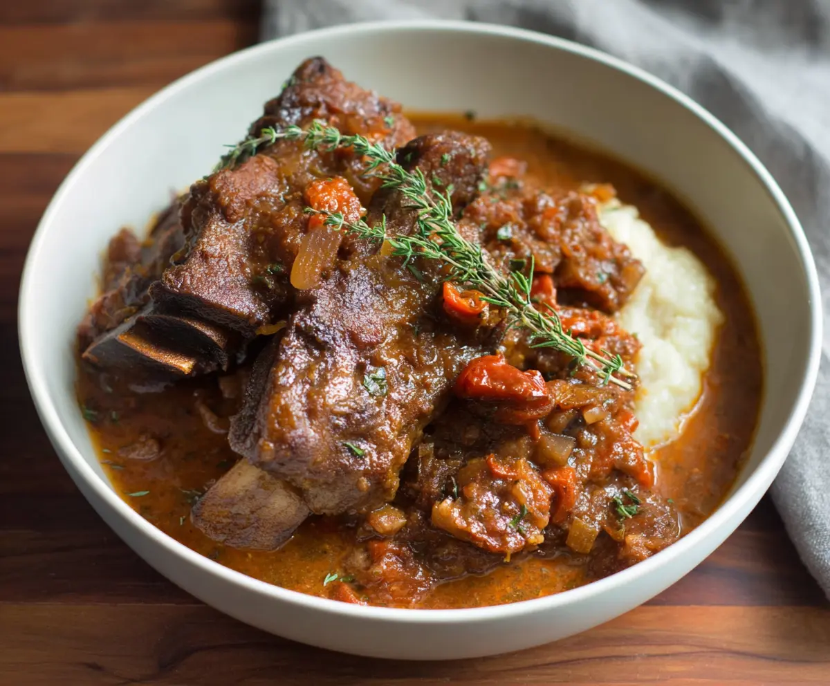 Juicy braised pork ribs served on a plate with herbs, perfect for a delicious dinner.