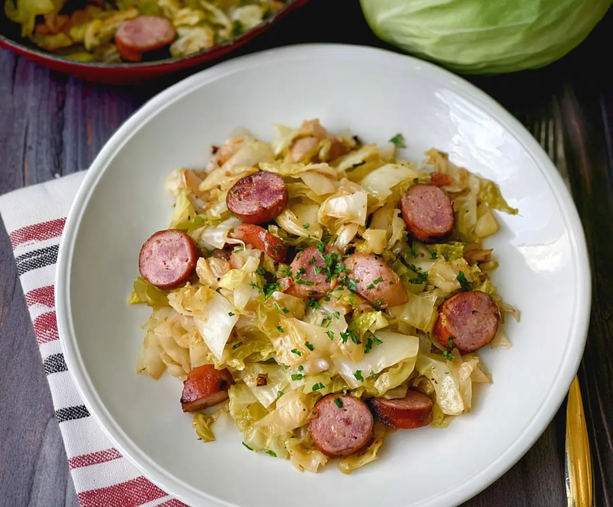 Delicious cabbage and sausage side dish served on a plate, perfect for a hearty meal.