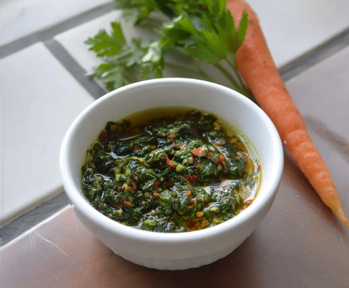 Vibrant Carrot Top Chimichurri sauce with fresh herbs and chopped carrots in a bowl.
