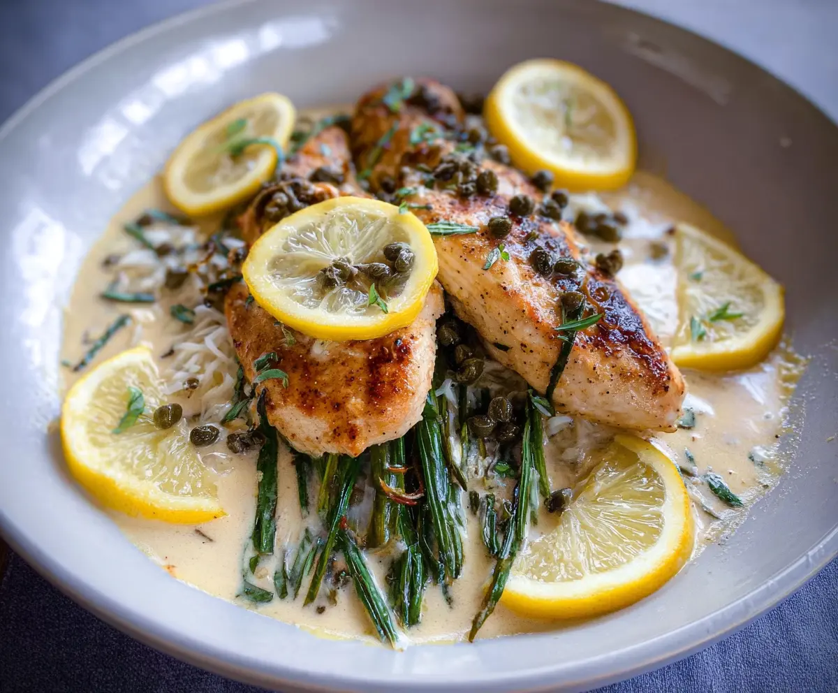 Delicious creamy lemon caper chicken dish with tender chicken breasts garnished with fresh herbs.