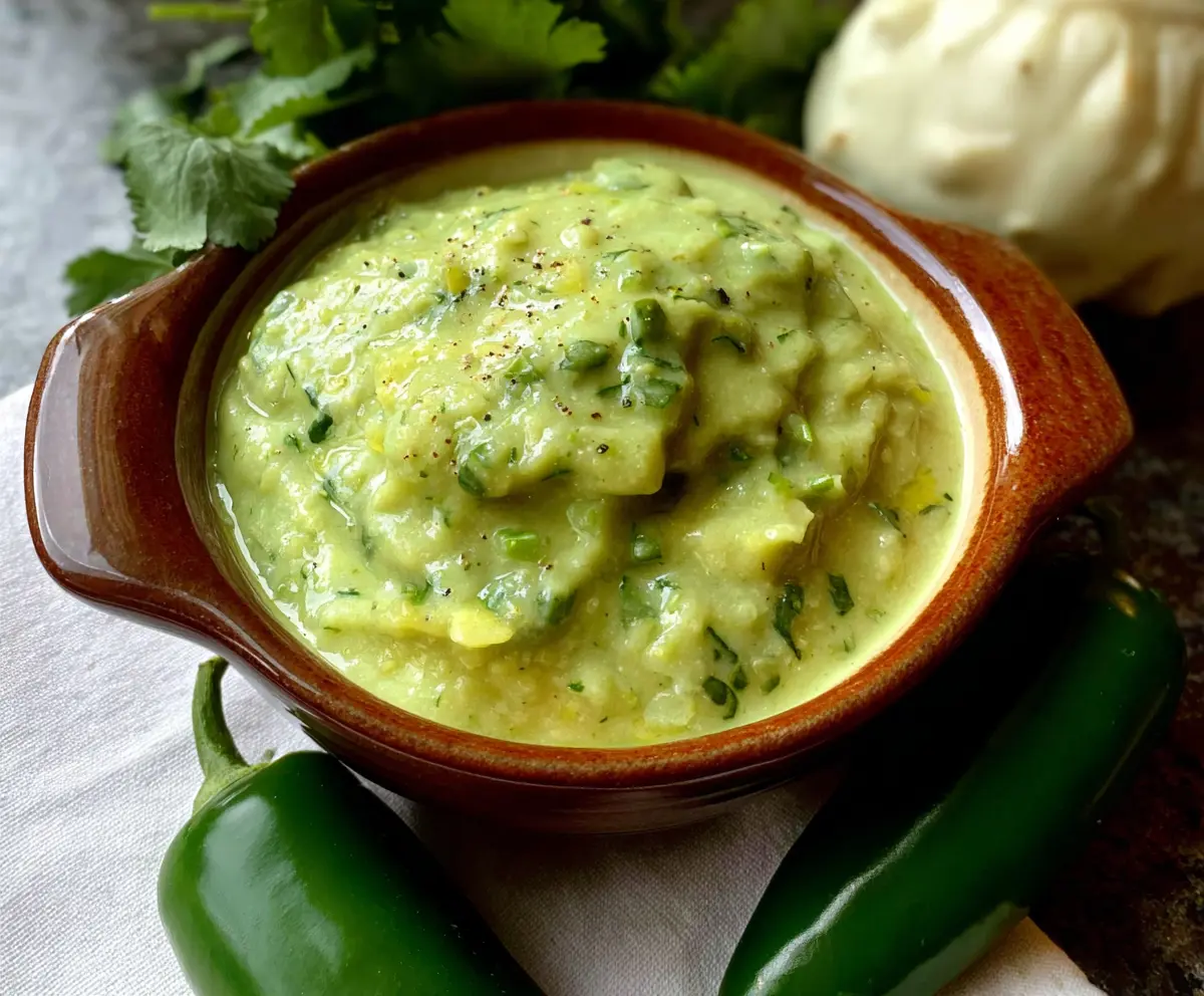 Creamy Tomatillo Avocado Salsa in a white bowl, fresh ingredients surrounding it, vibrant and appetizing.