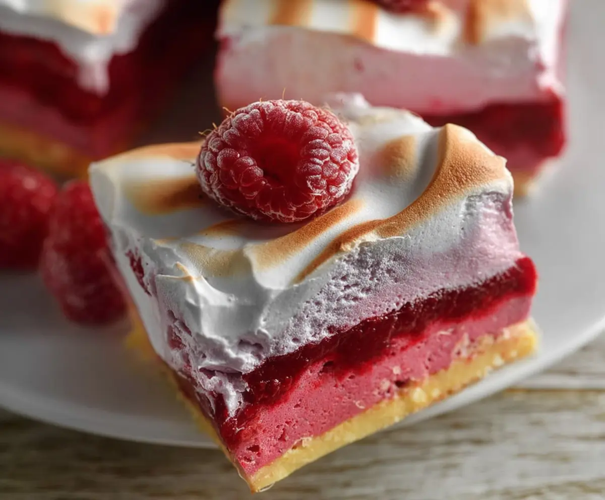 Delicious Double Raspberry Meringue Bars with fresh raspberries and fluffy meringue topping
