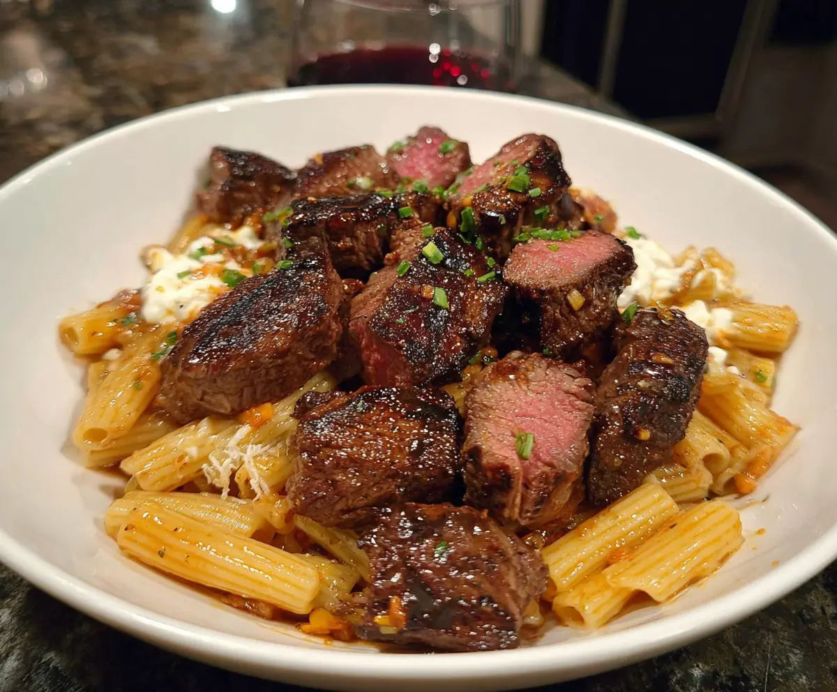 Garlic Butter Steak Bites with Cheesy Mozzarella Rigatoni