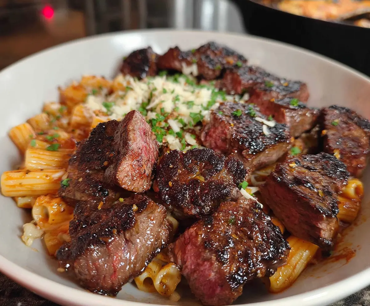Delicious garlic butter steak bites served with cheesy mozzarella rigatoni for a hearty meal.