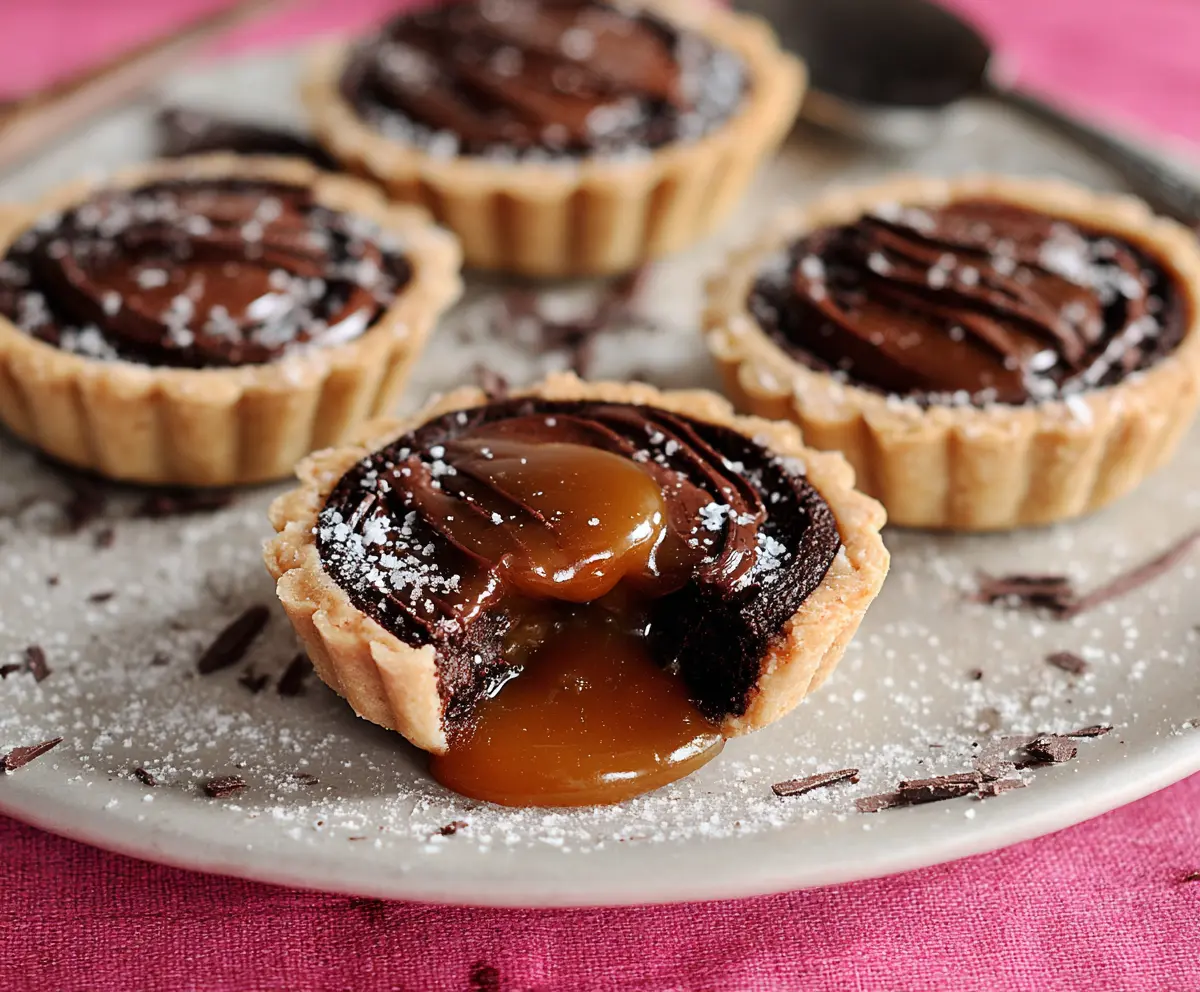 Delicious gluten-free dark chocolate caramel tart with a glossy finish and rich filling.