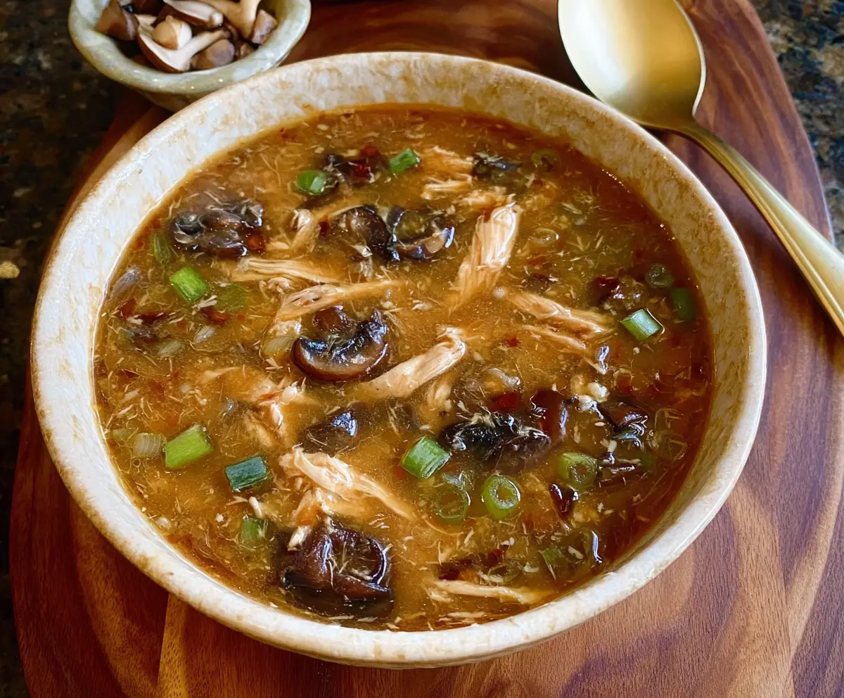 Delicious steaming bowl of Instant Pot Hot and Sour Chicken Soup with vegetables and herbs.