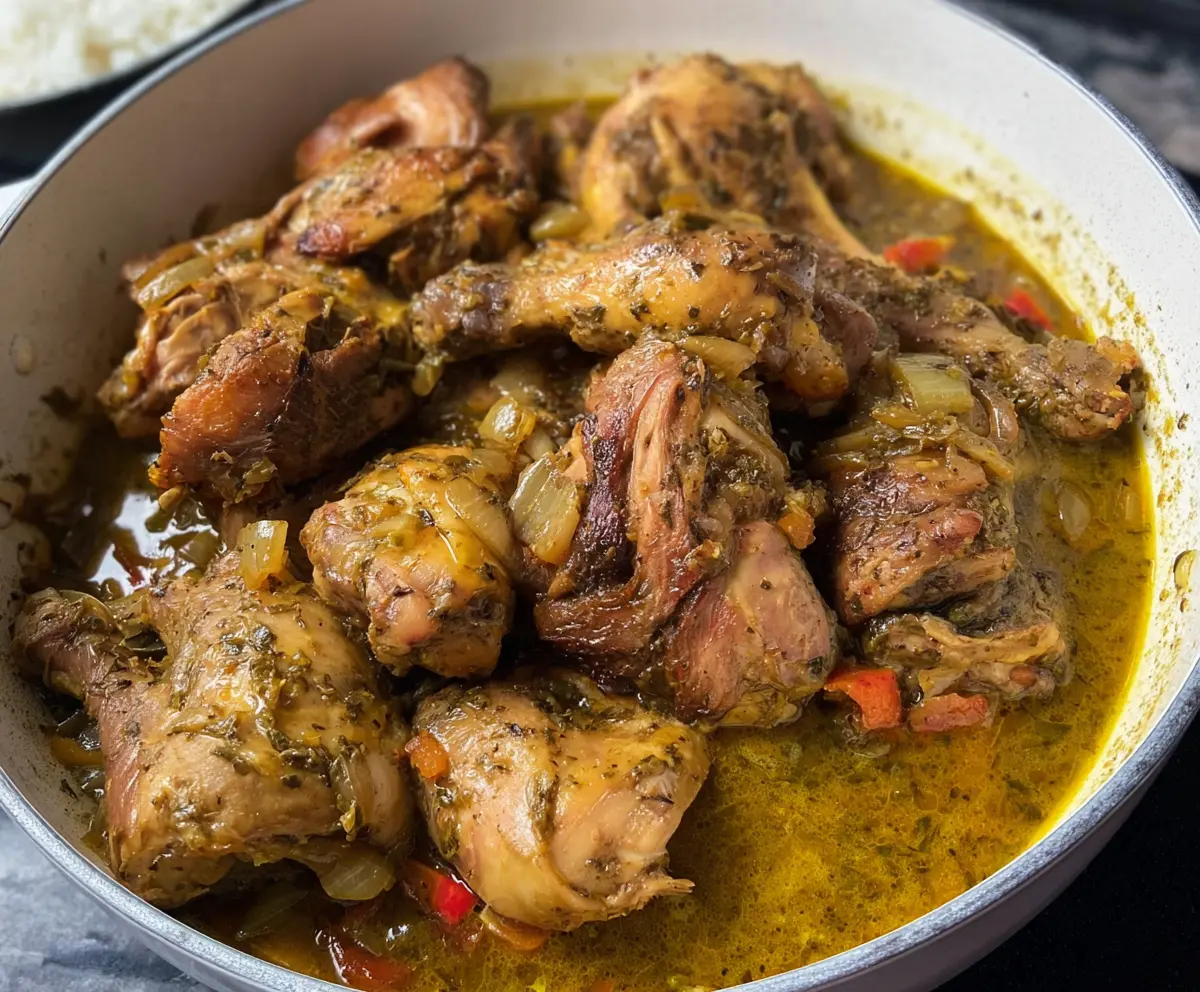 Delicious Jamaican Fricassee Chicken served with colorful vegetables in a traditional dish.