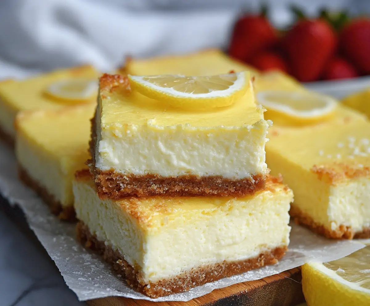 Delicious Keto Lemon Cheesecake Bars with a creamy lemon topping and a crunchy crust