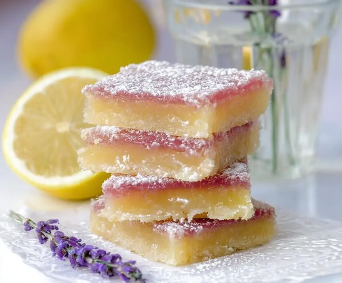 Delicious lavender lemon bars on a rustic plate, showcasing a bright and refreshing dessert with floral and citrus flavors.