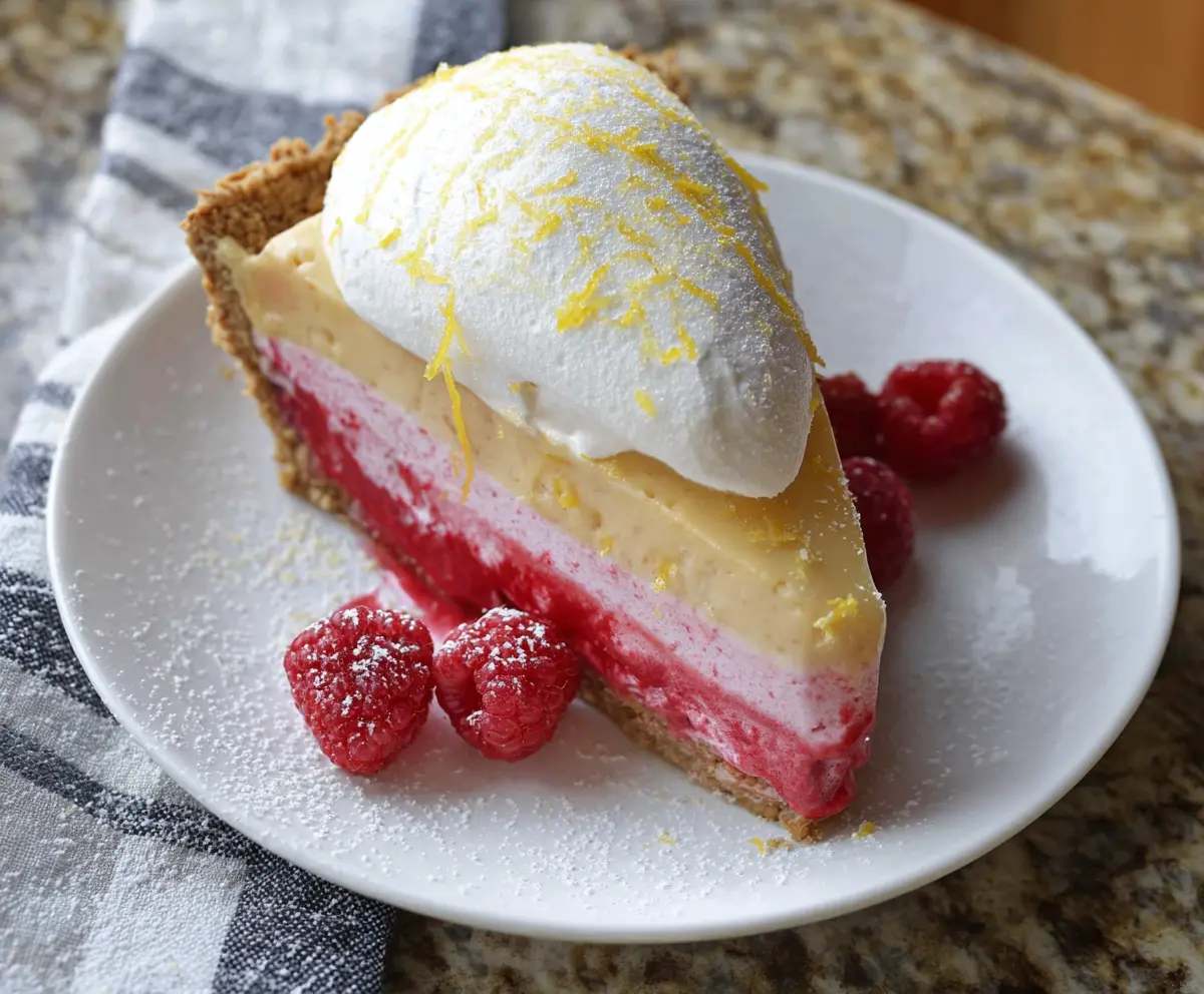 Delicious Lemon Raspberry Pie with a golden crust and fresh raspberry topping.