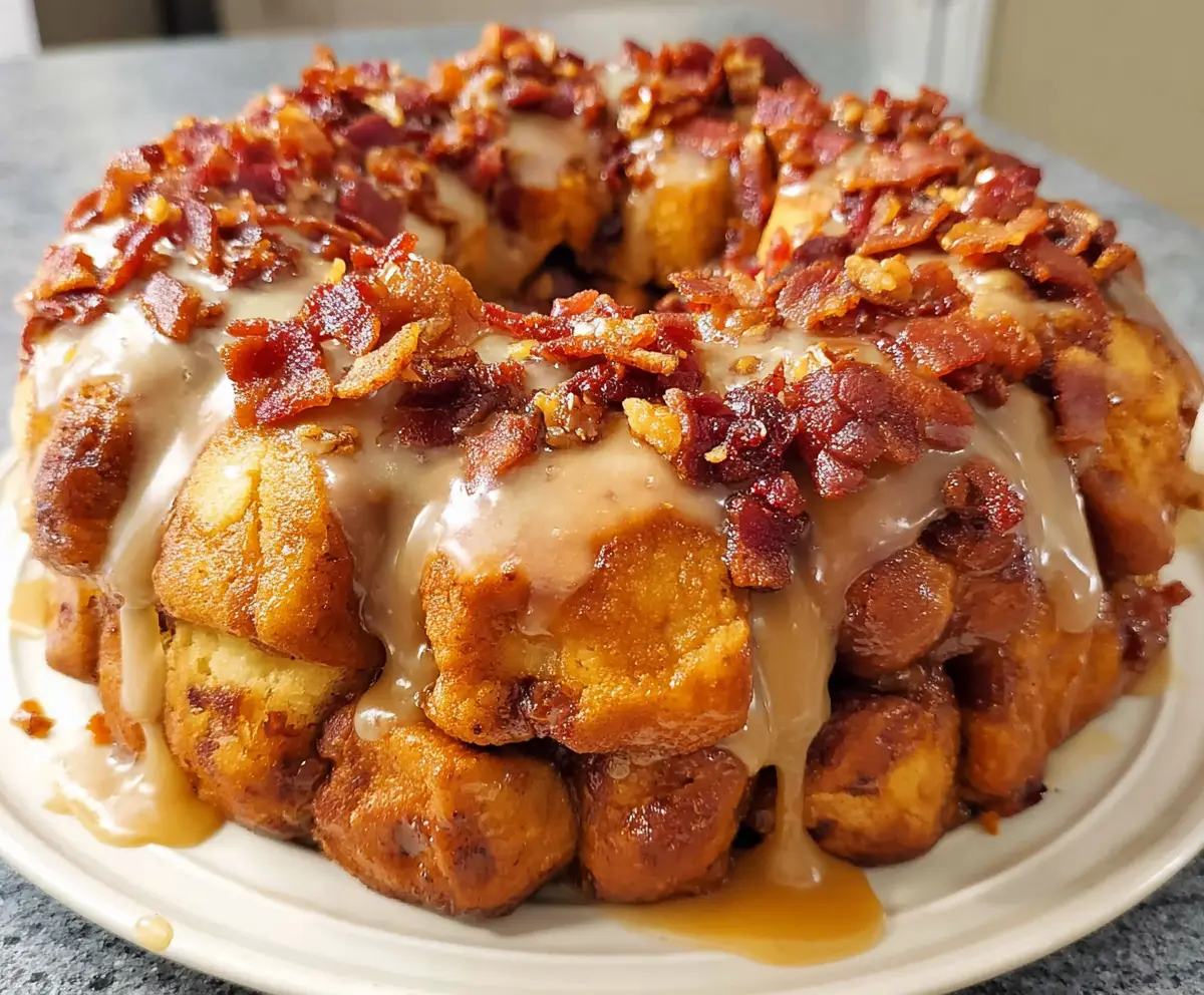 Delicious Maple Bacon Monkey Bread with crispy bacon and sweet maple glaze fresh from the oven