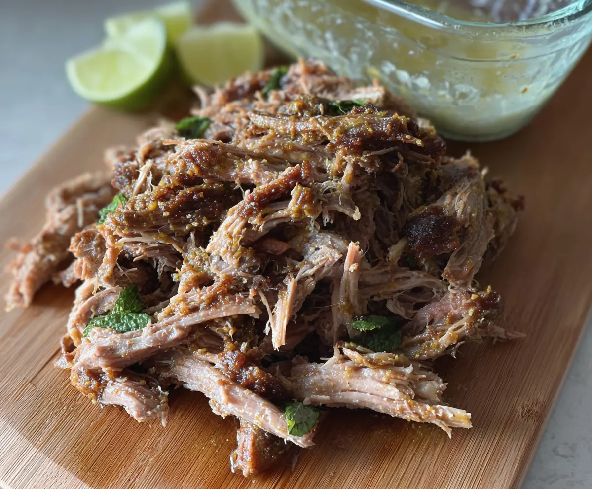 Delicious Mojito Pulled Pork served with fresh herbs and citrus slices for a flavorful meal.