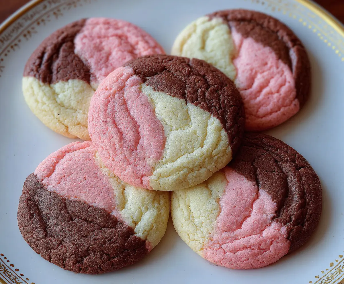 Delicious homemade Neapolitan cookies with vibrant layers of chocolate, vanilla, and strawberry flavors